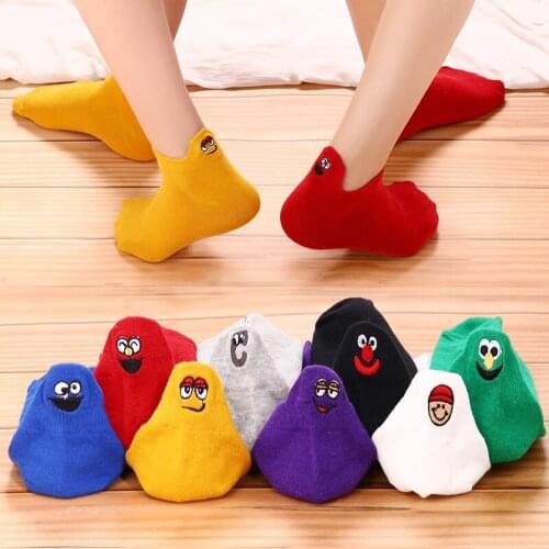 Kawaii Ankle Socks Women Happy Fashion Funny Cute Cotton Socks Embroidered Expression Candy Color Dropship