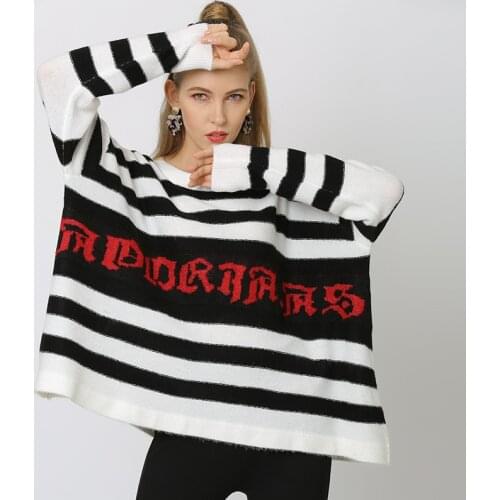 Autumn and Winter Sweater Women New Letter Loose Large Size Fat MM Knitted Sweater Striped Pullover Blouse Women