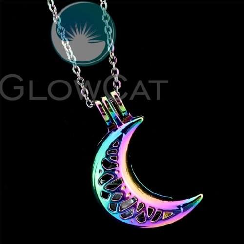 R-C836 Rainbow Colors 32mm Crescent Moon Beads Cage Pendant Essential Oil Diffuser Oyster Pearl Cage Locket Necklace
