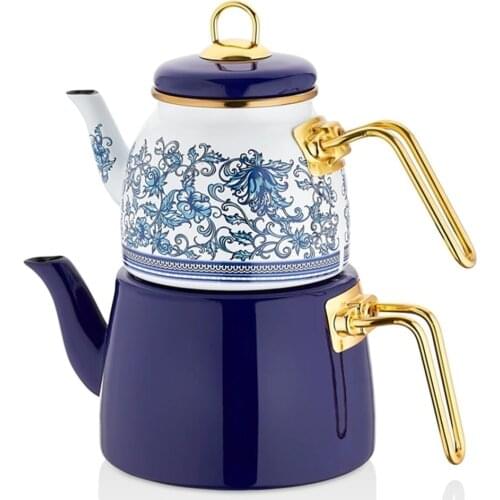 PAÇİ Enamel Gold Luxury Large Teapot Set White Blue flower pot