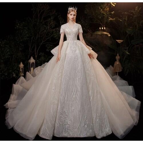 Wedding Dress 2021 New Temperament Bride Big Trailing Tail Contracted French Light Short Sleeve V-Neck with A Word Shoulder