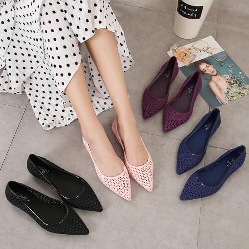 Summer hollow-out flats jelly shoes woman bow-knot pointed toe breathable ladies loafers silver pad dark brown clear hole shoes