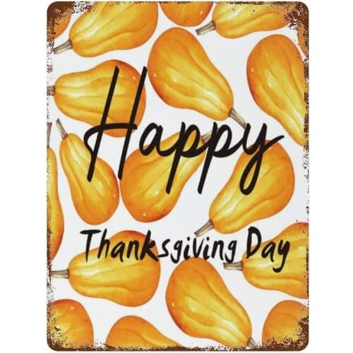 Vintage Retro Metal Tin Sign Wall Decor Art Happy Thanks Giving Day Orange Pumpkin Pattern Home Decor Plaque Poster Man Cave