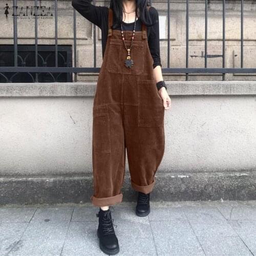 Vintage Corduroy Jumpsuits Women Autumn Overalls ZANZEA 2021 Suspender Harem Pants Female Casual Solid Rompers Femme Oversize