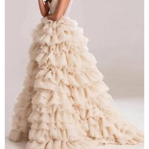 Boutique Wedding Skirt Maxi Layers Long Skirts Women Saias Jupe Elastic Waistband Skirt Party Wear Beige Floor Length Tutu Skirt