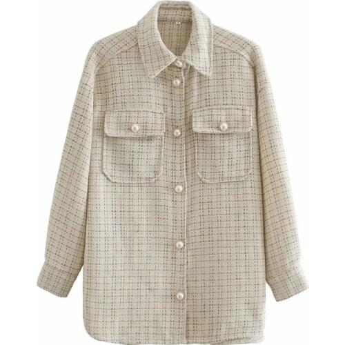 Stylish Chic Pearls Button-up Shirt Jackets Women Fashion Lapel Collar Pockets Jackets Coats Girls Casual Outerwear