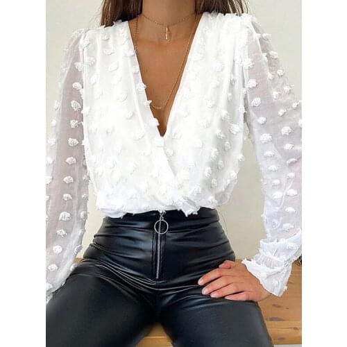 Spring Summer Long Sleeve White T shirts Women Elegant V-neck White Chiffon Tops and tshirt Femme Sexy Floral Print Blusas Mujer