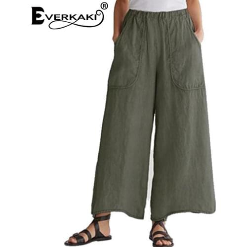 Everkaki Solid Long Pants Women Summer with Pockets Cotton Linen Bottom Elastic Waist Casual Oversize Boho Pants Female 2021 New
