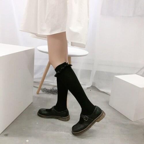 Women Japanese Lolita Cotton Ruffle Stockings Harjuku Korea Students Socks High Stocking Cosplay JK Sweet Sock White Middle