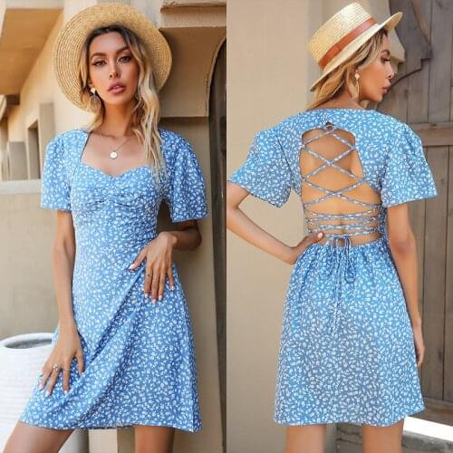 2021 Summer Dresses For Women Open Back Floral V-Neck Pleated Short-Sleeved Dress Blue Robe Longue Vestidos Mujer Verano