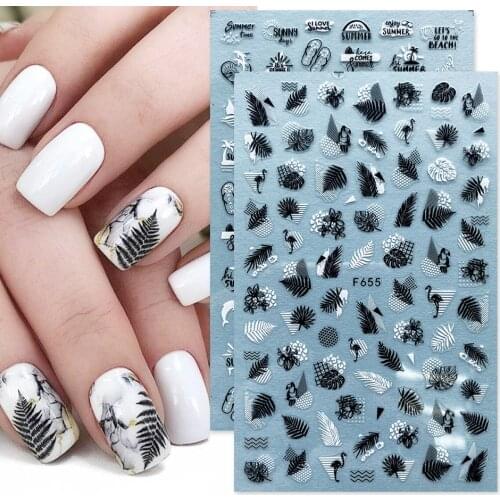 3D Black Leaves Letters Nail Stickers Adhesive Decal Rose Summer Drinking Fruit Slider Gold Laser Nail Art Decor Manicure Wrap