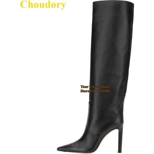 Choudory Chunky Heels Pointed Toe Knee Boots White Black Plaid Cloth Pattern Matte Leather Long Boots Concise Party Shoes Boots