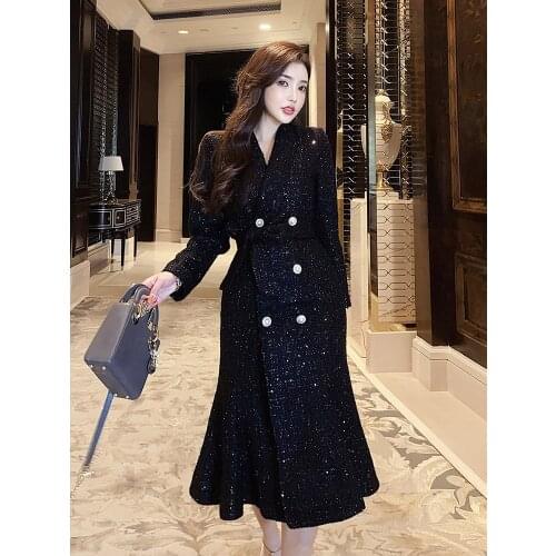 Black Windbreaker Womens Mid Long Temperament British Style Autumn Dress New Fashion Slim Waist Womens Coat in 2021