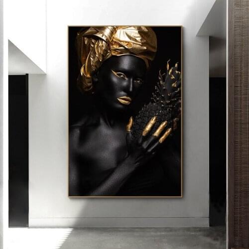 Black Woman Holding Golden Jewelry on The Wall Canvas Painting Art Poster African Woman Art Picture Room Home Decoration