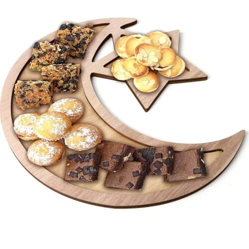 Wooden Ramadan Eid Mubarak Decoration Moon & Star Dinner Plate For Home Moon Islam Mosque Muslim Plaque DIY Party Supplies