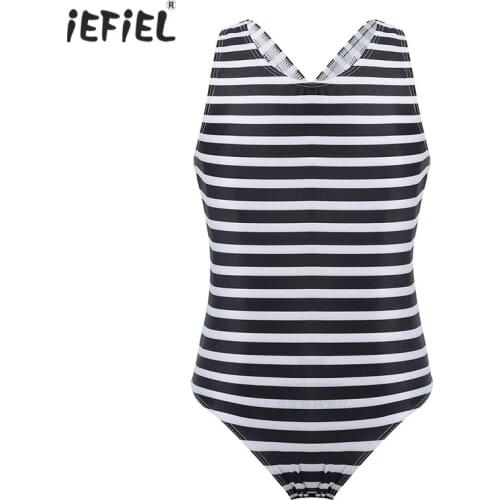 Kids Girls One-piece Swimming Suit Beach Wear Striped Sleeveless Criss-Cross Back Swimsuit Swimwear Monokini Child Bathing Suit