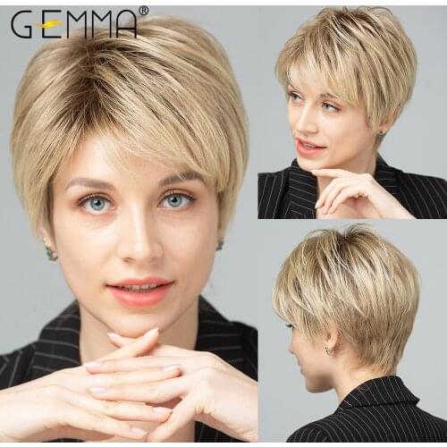 GEMMA Synthetic Short Straight Hair Wigs Natural Bob Style Pixie Cut Dark Root Ombre Brown Yellow Blonde Cosplay Wig for Women