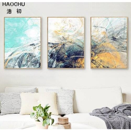 HAOCHU Europe Landscape Modern Colorful Abstract Geometric Crystal Stone Triptych Canvas Painting Bedroom Hotel Wall Decor