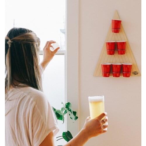 Game Beer Pong Throwing Drinking Props Wall-Mounter Red Cups Ping Pong Balls 6-Hole Triangular wooden Beer rack