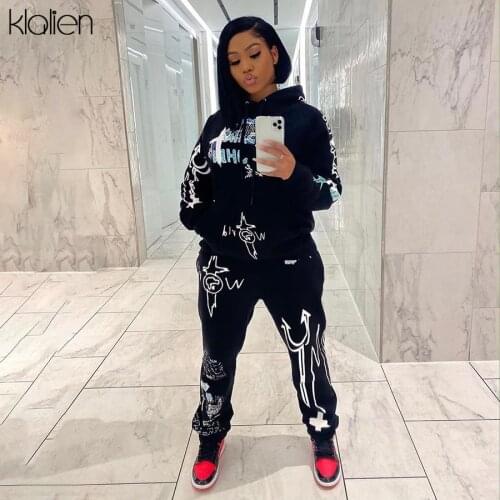 KLALIEN Autumn Hoodie and Trousers Two Piece Set Women Fashion Print Street Casual Loose Two Piece Set Office Lady Simple Outfit