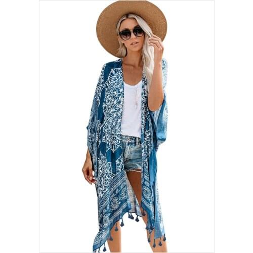 2021 Summer Seaside Kimono Personality shawl Long Shirts Plus Size Tops Ladies Beach Cardigan holiday printed tassel blouses