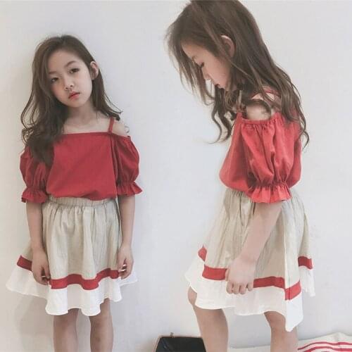 2021 Summer Childrens Clothing Korean Version Puffy Sleeves Camisole + Skirt Suit Big Child Two-piece Suit