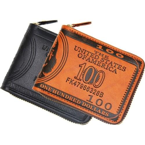 European and American Style Mens Wallet Short Zipper Printed Dollar Pattern Bi-fold Horizontal Fashion Wallet