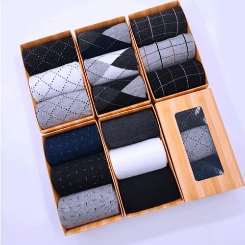 Classic Casual Men Socks 3 Pairs Set Diamond Lattice High Quality Happy Socks Winter Warm Business Cotton Socks For Men Gifts
