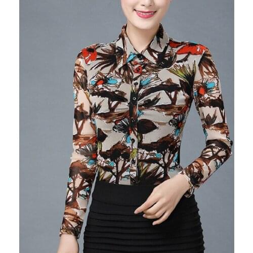 Fall Spring Woman Printed Floral Pattern Mesh Long Sleeve Blouse , Casual Stretch Female Women 4XL 3xl Slim Blouses