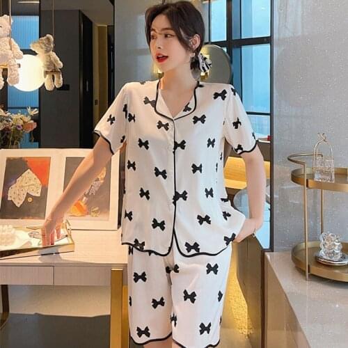 White Print Pajamas Set Summer Satin Sleep Set Short Sleeve Shirt&Shorts Femme Pijamas Suit Casual 2PCS Sleepwear Home Clothes
