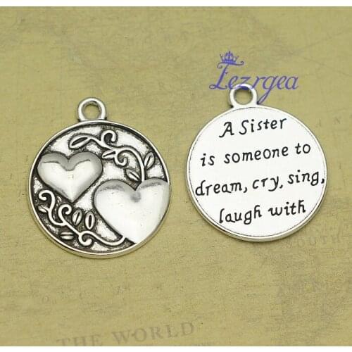 10pcs/lot--24mm, A sister is someone to dream charms, Antique silver plated heart charms,DIY supplies,Jewelry accessories