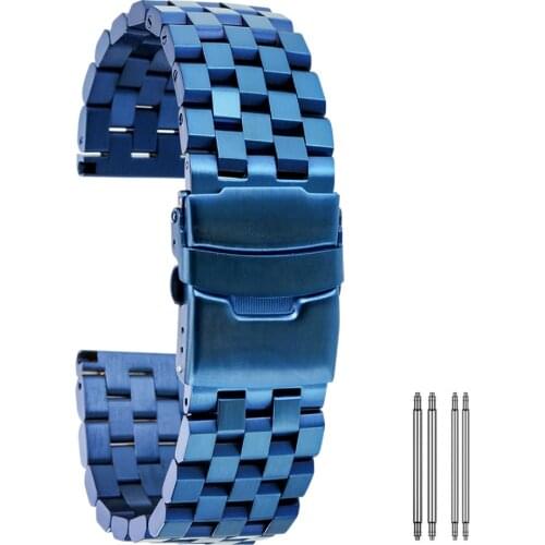 Blue Stainless Steel Watchbands Bracelet 20mm 22mm 24mm Solid Metal Watch Strap Wrist Belt Replacement Spring Bars Accessories