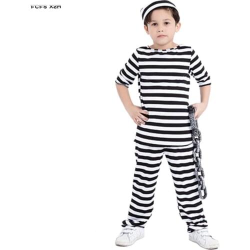 S-L Halloween Prisoner Costume for Boys Children Kids Criminal role playing Cosplay Carnival Purim parade Masquerade Party dress