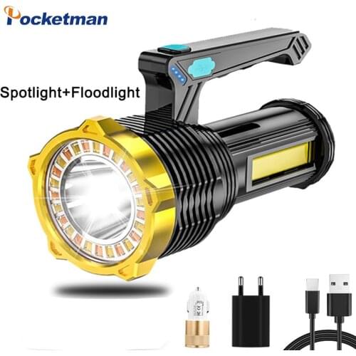 Led Spotlight Floodlight Searchlight With USB Rechargeable Side Light Waterproof Display 8 Lighting Modes Portable Flashlight