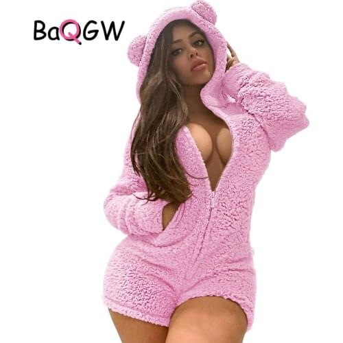 BaQGW Warm Jumpsuit Nightgown Winter Teddy Ear Sleepwear Onesies Women Sexy Ladies Plush Thick Kawaii Hooded Pajamas Homewear