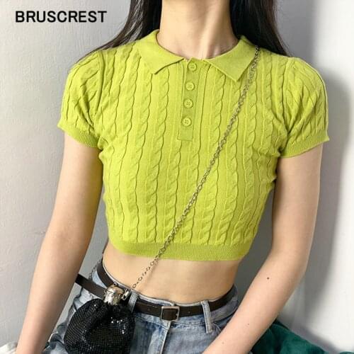 Vintage Textured Knitted Cropped Top Short Sleeve Ladies Polo Shirts Women Korean Streetwear