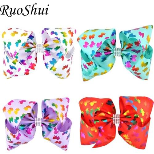 4pc/lot 8" Girls Rhinestone Print Hairpins Hot Stamping Grosgrain Ribbon Hair Bow Hair Clips Headwear Children Hair Accessories