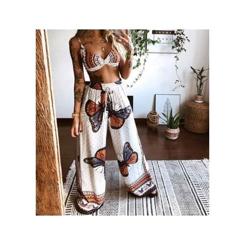 2021 Women Casual Two-piece Clothes Set White Butterfly Printed Pattern Tops + Long Comfortable Pants S/ M/ L/ XL