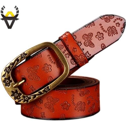 Butterfly Genuine leather belts for women Fashion vintage floral Pin buckle belt woman Quality cow skin strap female width 2.8cm