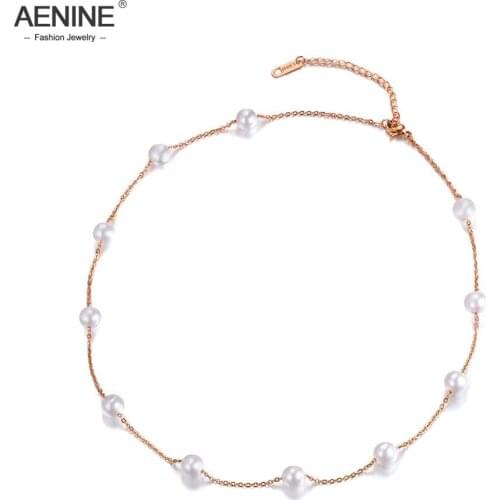 AENINE Trendy 11Pcs White Simulated Pearl Chain & Link Necklaces Jewelry Titanium Steel Chokers Necklace For Women Girls AN18009