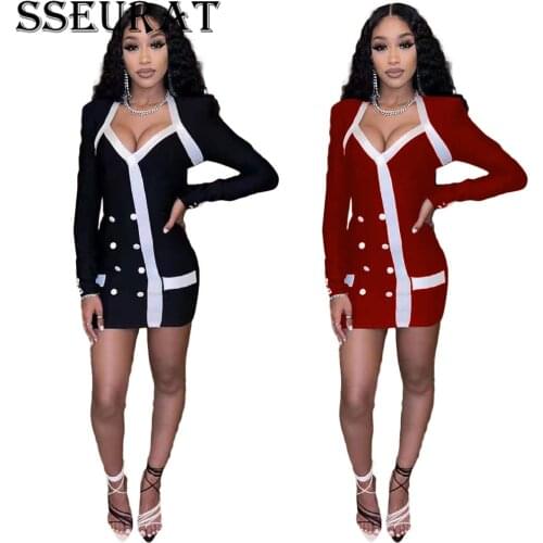 SSEURAT Women Mini Dress Patchwork Square Neck Double-breasted Long Sleeve Slim Dress Sexy Night Clubwear Autumn Outfits 2021