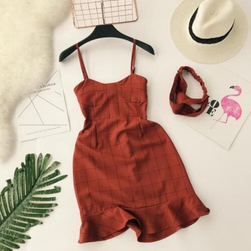 Ruffles Slim Fashion 2021 Sexy Summer Plaid Print Spaghetti Strap Mini Short Dress Party Women Casual Evening Mermaid Vestidos