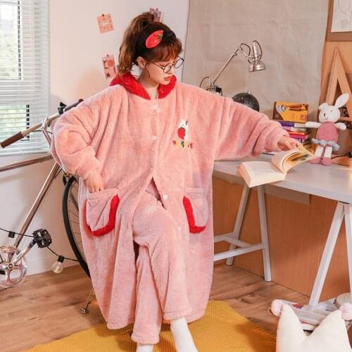 Winter Pajama Woman Sleepwear New Cartoon Velvet Coral Home Suit Length To Keep Warm Flannel Extended Hooded Thickened LONG