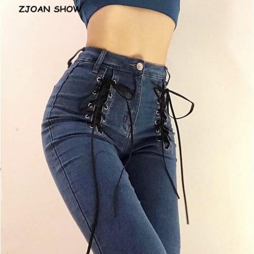 2020 Sexy Skinny Cross Lacing up High Waist Pencil Jeans Women Slim Fit Stretch Denim Pants Full Length Denim Tight Trousers