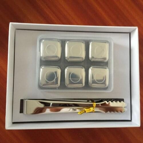 6 Pcs/Lot Cube Whiskey Stones 27mm 304 Stainless Steel With Clip Rock Wine Beer Ice Stone Bar Christmas Gift Cooler Gift Box