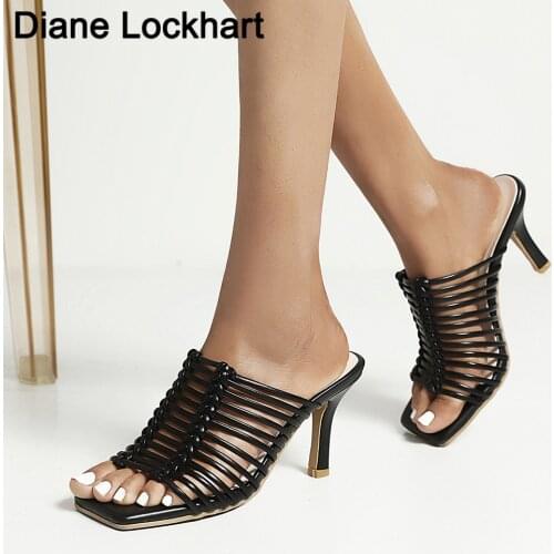 Sexy Thin Heel Slippers Woman Faux Leather Braided High Heel Sandals Women Runway Party Shoes Lady Cross Wove Folds Mules Shoes