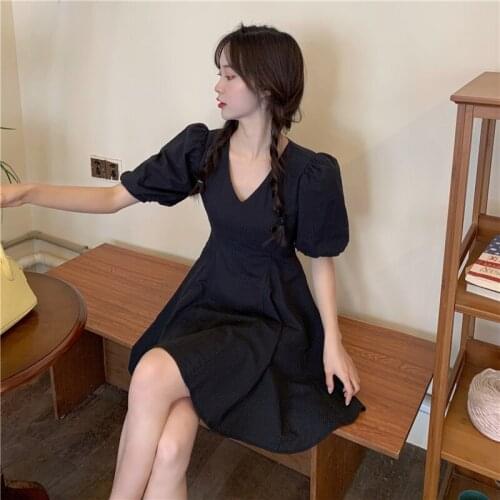 Black French Puff Sleeve Dress Womens Summer V-neck Slim Temperament Waist Skirt