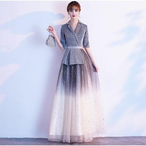 Long Formal Sequin Half-Sleeves Evening Dresses 2020 Zipper Fashion Women Party Dress V-Neck