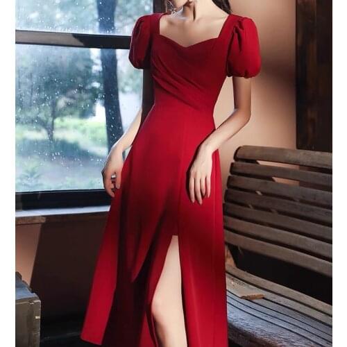 Burgundy Cocktail Dresses 2021 Elegant Square Collar Puff Sleeve Sexy High Slit Formal Party Prom Gowns Ladies Homecoming Gowns