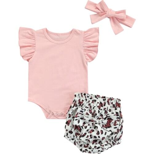 3Pcs Newborn Baby Girls Clothes Infant Summer Set Cotton Solid Romper Top Leopard print Shorts Headband Outfits Suit